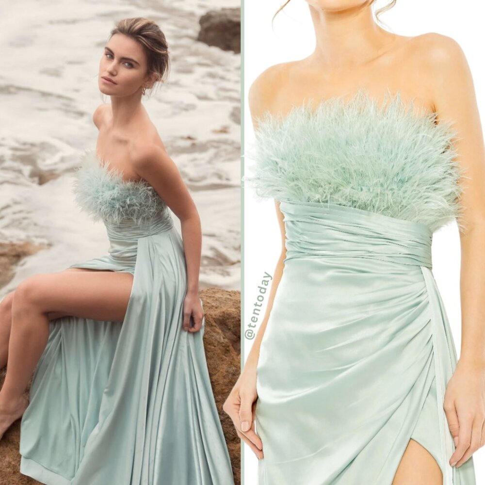 Mac Duggal 11690 Size 4 Green Strapless Feather Satin Long Maxi Dress Gown